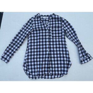 Old Navy Blouse Womens Size Med Tunic Long Sleeve Button Up Navy Check Linen